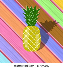 Vector Fresh Ripe Pineapple on Colorful Wood Diagonal Planks. Tropical Fruit Background.