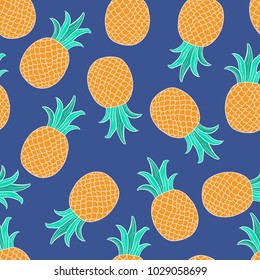 Vector Fresh Ripe Pineapple Seamless Pattern on White. Tropical Fruit Background. Hand draw illustration.