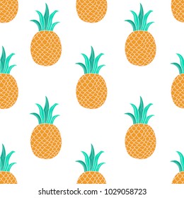 Vector Fresh Ripe Pineapple Seamless Pattern on White. Tropical Fruit Background. Hand draw illustration.