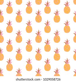 Vector Fresh Ripe Pineapple Seamless Pattern on White. Tropical Fruit Background. Hand draw illustration.
