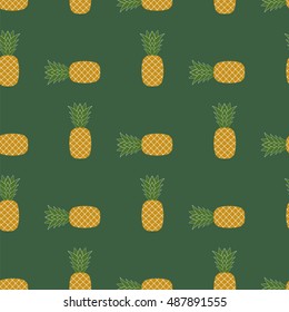 Vector Fresh Ripe Pineapple Seamless Pattern on Green. Tropical Fruit Background.