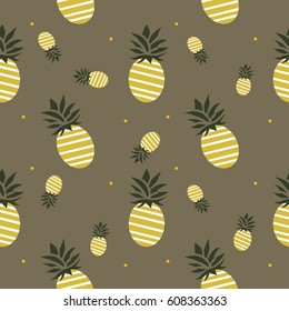 Vector Fresh Ripe Pineapple Seamless Pattern on White. Tropical Fruit Background.