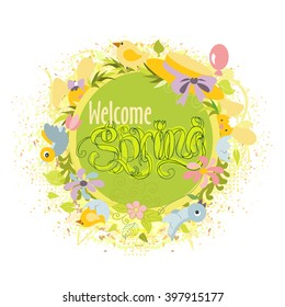 Vector fresh round banner with cute cartoon icons for spring design and title Welcome spring on watercolor background.