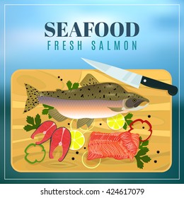 Vector. Fresh salmon fillets, fish, trout with vegetables, lemon and herbs