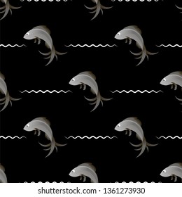 Vector Fresh Sea Fish Seamless Pattern Isolated on Black Background