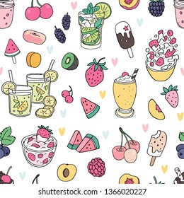 Vector fresh seamless pattern with summer fruits, smoothies, cocktails, watermelon slice, strawberry, cherrry and other food on white background 