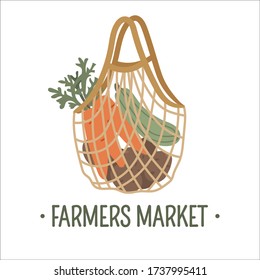 Vector fresh seasonal vegetables: potato, carrot, zucchini in eco bag. Vector banner template of a green lifestyle, healthy eating, farmers vegetables, local business support