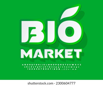 Vector fresh sign Bio Market. Creative Sticker Font. Modern Alphabet Letters, Numbers and Symbols
