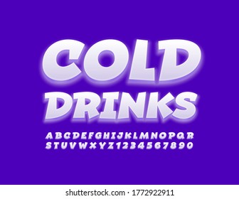 Signo fresco vectorial Bebidas frías con fuente de luz brillante. Letras y números de alfabeto de cómics blancos