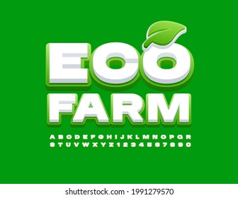 Signo fresco vectorial Eco Farm con hoja decorativa. Fuente verde y blanco negrita. Conjunto de letras y números de alfabeto moderno
