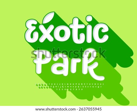 Vector Fresh sign Exotic Park. Funky Font with Big Green Shadow. Playful  Alphabet Letters and Numbers set
