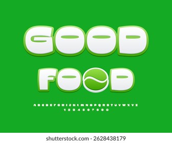 Vector Fresh sign Good Food with Green Emblem. Fashion White Font. Stylish set of Digital Alphabet Letters and Numbers