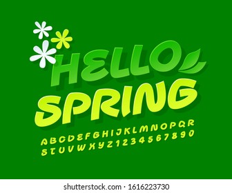 Signo nuevo vectorial Hello Spring. Fuente manuscrita brillante. Letras, números y símbolos de alfabeto creativos.