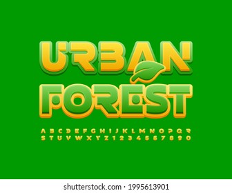 Signo fresco vectorial Bosque urbano con hoja decorativa. Fuente de moda brillante. Conjunto moderno de letras y números alfabetos