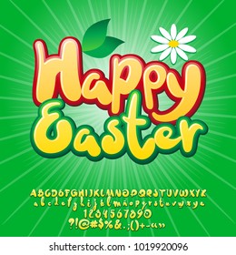 Vector Fresh Spring Greeting Card Happy Easter. Set of  Alphabet with bright Letters, Numbers and Symbols