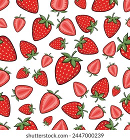 Vector Fresh Strawberries Seamless Pattern on Pink Background. Seamless pattern of fresh strawberry background. Strawberries and Seeds Texture Fabric Textile Prints Wallpaper Card or Banner Website