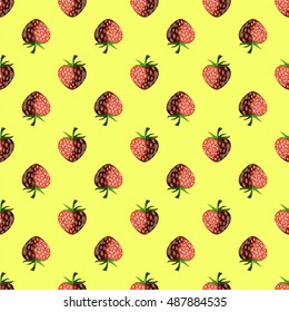 Vector Fresh Strawberry Fruit Seamless Pattern on Yellow Background