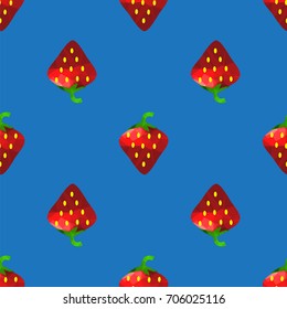 Vector Fresh Strawberry Fruit Seamless Pattern on Blue Background