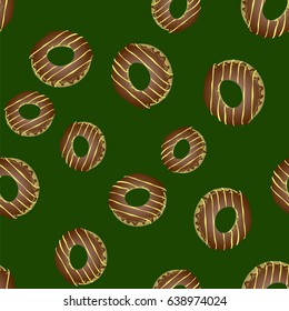 Vector Fresh Sweet Donuts Seamless Pattern on Green Background. Delicious Tasty Glazed Donut. Cream Yummy Cookie.