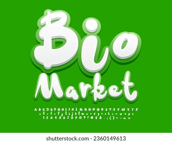 Vector fresh template Bio Market. `White and Green handwritten Font. Funny Bright Alphabet Letters, Numbers and Symbols