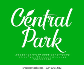 Vector fresh template Central Park with decorative Leaf. White stylish Font. Calligraphic Alphabet Letters, Numbers and Symbols set