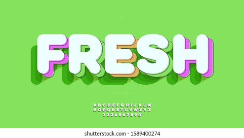 Vector fresh typeface 3d bold style for logo, decoration, party poster, t shirt, book, greeting card, sale banner, printing on fabric. Cool alphabet 3d modern typography. Trendy font. 10 eps