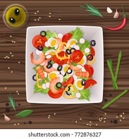 Vector Fresh vegetable and green leaf salad dish on the wooden table. Top view.