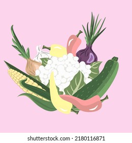 Vector - fresh vegetables pattern. Pepperoni, corn, zucchini, onions and cauliflower.