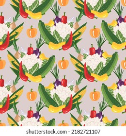 Vector - fresh vegetables pattern. Pepperoni, corn, zucchini, onions and cauliflower.