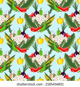 Vector - fresh vegetables pattern. Pepperoni, corn, zucchini, onions and cauliflower.