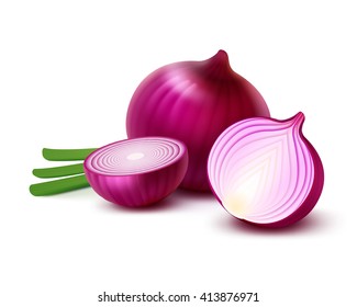 Vector Fresh Whole And Sliced Red Onion Bulbs With Chopped Green Onions Close Up Isolated On White Background