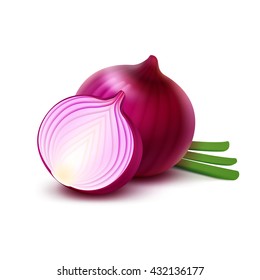 Vector Fresh Whole and Sliced Red Onion Bulbs with Chopped Green Onions Close up Isolated on White Background