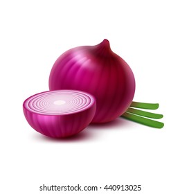 Vector Fresh Whole and Sliced Red Onion Bulbs with Chopped Green Onions Close up Isolated on White Background