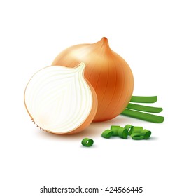 Vector Fresh Whole and Sliced Yellow Onion Bulbs with Chopped Green Onions Close up Isolated on White Background