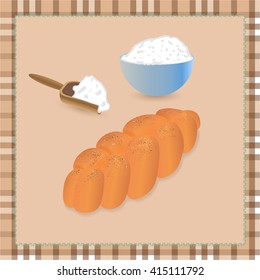 vector fresh wicker bun with flour on tablecloth