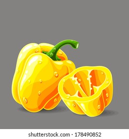 Vector fresh yellow bell peppers with water drops. Vector illustration.