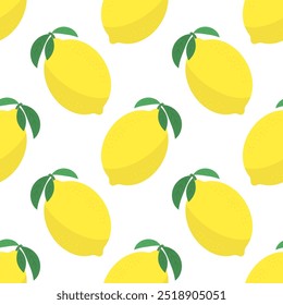 Vector Fresh Yellow Lemon with Green Leaves. Seamless Pattern. Tropical Fruit Icon with Sour Taste.