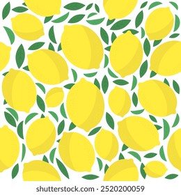 Vector de limón amarillo fresco con hojas verdes. Patrón sin fisuras. Icono de frutas tropicales con sabor agrio.