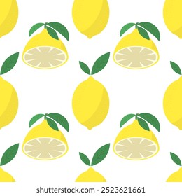 Vector de limón amarillo fresco con hojas verdes. Patrón sin fisuras. Icono de frutas tropicales con sabor agrio.