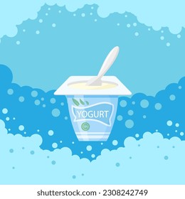 Vector fresh yogurt container and plastic spoon isolated on blue bubble background.