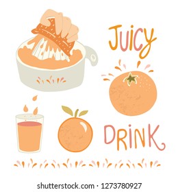 Vector freshly squeezed juicy orange citrus fruit with glass. Hand drawn illustration elements icon set. Fresh tropical juice splash with squeezing hand for healthy vitamin food clipart.