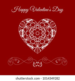 Vector Fretwork Floral Heart Over Red. Happy Valentines Day Holiday