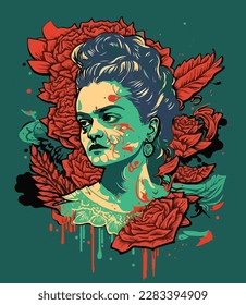 Vector of Frida Kahlo with red roses, green background