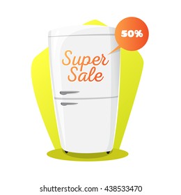 Vector Fridge Illustration In Cartoon Style. Kitchen Electronics Sale Concept.