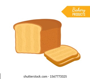 Vector fried bread, toast and full loaf for breakfast. Traditional meal for sandwich in cartoon flat style