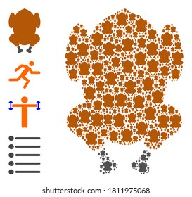 Vector fried chicken body composition is created of repeating recursive fried chicken body pictograms. Recursive combination of fried chicken body. Some other icons are present in this vector.