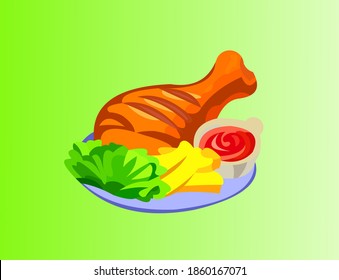 Vector of a fried chicken with its dressing on green background