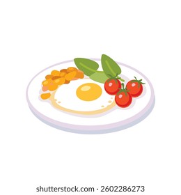 Vector fried egg with beans. Childish drawn style  basic dish  presented on individual plate. Restaurant Meal, dish served on plates. Flat design. Breakfast, lunch menu. Images traditional food