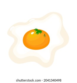 Vector Fried Egg with Dilll and Parsley Isolated White Background in Cartoon Style. Yummy Food Icon.