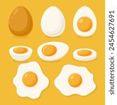 Vector Fried Egg, Sunny-Side-Up and Hard Boiled Egg Set, Closeup, Isolated. Healthy Breakfast, Protein Food Clipart. Whole and Sliced Egg Design Templates